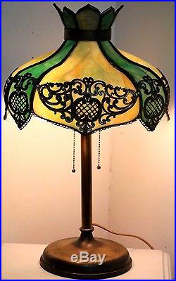 ANTIQUE 19TH C. CONVERTED GAS LAMP With AMAZING BENT SLAG GLASS SHADE With OVERLAY