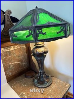 ANTIQUE 24 LARGE 6 PANEL GREEN C. 1920's SLAG GLASS LAMP CHANDELIER EXC. COND