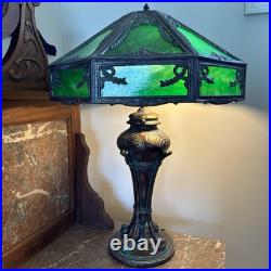 ANTIQUE 24 LARGE 6 PANEL GREEN C. 1920's SLAG GLASS LAMP CHANDELIER EXC. COND