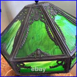 ANTIQUE 24 LARGE 6 PANEL GREEN C. 1920's SLAG GLASS LAMP CHANDELIER EXC. COND
