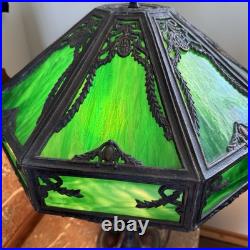 ANTIQUE 24 LARGE 6 PANEL GREEN C. 1920's SLAG GLASS LAMP CHANDELIER EXC. COND