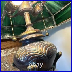 ANTIQUE 24 LARGE 6 PANEL GREEN C. 1920's SLAG GLASS LAMP CHANDELIER EXC. COND