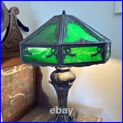 ANTIQUE 24 LARGE 6 PANEL GREEN C. 1920's SLAG GLASS LAMP CHANDELIER EXC. COND