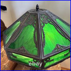 ANTIQUE 24 LARGE 6 PANEL GREEN C. 1920's SLAG GLASS LAMP CHANDELIER EXC. COND
