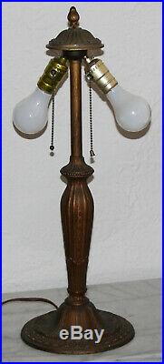 ANTIQUE 6 PANEL BENT SLAG GLASS TABLE LAMP with OVERLAY HANDEL B&H ERA