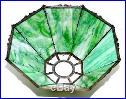 Antique 8 Green Slag Glass Panel Metal Overlay Table Lamp