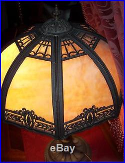 ANTIQUE 8 PANEL BENT CARAMEL SLAG GLASS LAMP WAS PERFECT ORNATE Ca. 1900's