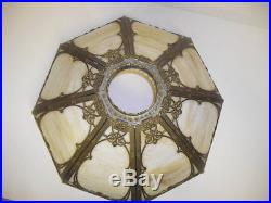 Antique 8 Panel Bent Curved Caramel Ivory Colored Slag Glass Metal Lamp Shade