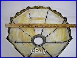Antique 8 Panel Bent Curved Caramel Ivory Colored Slag Glass Metal Lamp Shade