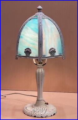 ANTIQUE ART NOUVEAU Blue Slag Glass Salem Brothers Desk Lamp