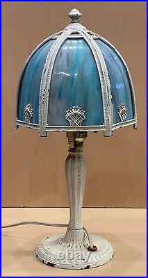 ANTIQUE ART NOUVEAU Blue Slag Glass Salem Brothers Desk Lamp