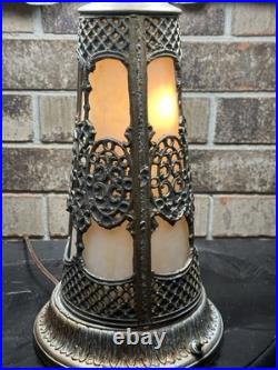 ANTIQUE ART NOUVEAU/DECO Slag Glass Lamp with Rare Lighted Base Oversized