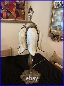 ANTIQUE ART NOUVEAU Miller Style Slag Glass Tulip Bronze Metal Table Lamp Light