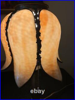 ANTIQUE ART NOUVEAU Miller Style Slag Glass Tulip Bronze Metal Table Lamp Light