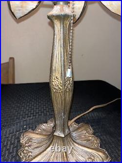 ANTIQUE ART NOUVEAU Miller Style Slag Glass Tulip Bronze Metal Table Lamp Light