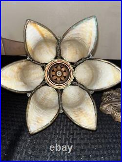 ANTIQUE ART NOUVEAU Miller Style Slag Glass Tulip Bronze Metal Table Lamp Light