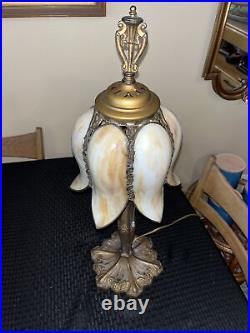 ANTIQUE ART NOUVEAU Miller Style Slag Glass Tulip Bronze Metal Table Lamp Light