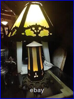 ANTIQUE ART NOUVEAU SLAG GLASS TABLE LAMP W LIGHTED BASE Hexagonal Shade 33 H