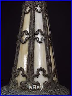 ANTIQUE Art Nouveau Table Lamp night LIGHTED BASE Slag Glass iron DOUBLE SOCKET