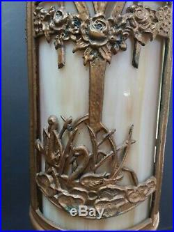 ANTIQUE BENT PANEL SLAG GLASS PARLOR TABLE LAMP SCENIC With SWANS UNUSUAL FORM OLD