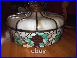 ANTIQUE BENT SLAG GLASS 12 PANEL HANGING LAMP/CHANDELIER c1900COMPLETE