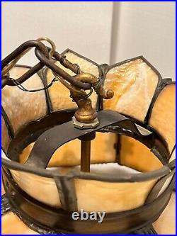 ANTIQUE BENT SLAG GLASS 8 PANEL HANGING LAMP/CHANDELIER 1900s
