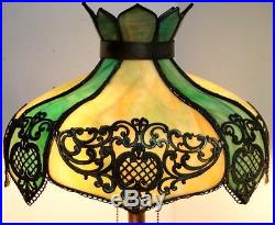 ANTIQUE BENT SLAG GLASS TABLE LAMP With FILIGREE OVERLAY! HANDEL, B&H, TIFFANY ERA
