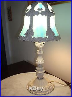 Antique Blue Slag Glass Table Lamp Complete