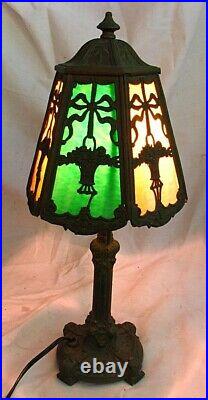 ANTIQUE BOUDOIR LAMP SLAG GLASS FRENCH BOWS REWIRED c. 1920