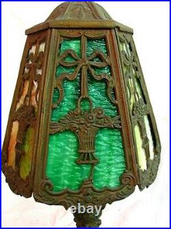 ANTIQUE BOUDOIR LAMP SLAG GLASS FRENCH BOWS REWIRED c. 1920