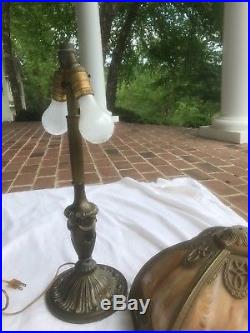ANTIQUE BRADLEY & HUBBARD BRASS, 6 PANEL SLAG GLASS LAMP Urn and Lattice dec