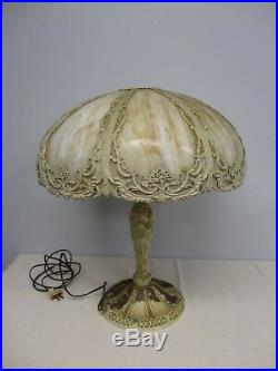 ANTIQUE BRADLEY & HUBBARD SLAG GLASS TABLE LAMP w ART NOUVEAU FLORAL BASE