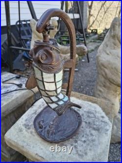 ANTIQUE BRONZE SLAG GLASS FISH & STINGRAY LAMP Needs To Be Fix Showing On Pic