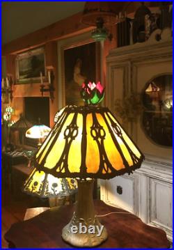 ANTIQUE B&H Bradley & Hubbard METAL OVERLAY 8 PANEL SLAG GLASS TABLE LAMP ANTIQUE B&H Bradley & Hubbard METAL OVERLAY 8 PANEL SLAG GLASS TABLE LAMP