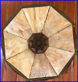 ANTIQUE B&H Bradley & Hubbard METAL OVERLAY 8 PANEL SLAG GLASS TABLE LAMP