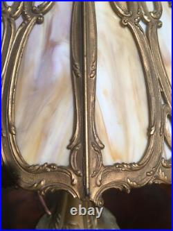 ANTIQUE B&H Bradley & Hubbard METAL OVERLAY 8 PANEL SLAG GLASS TABLE LAMP