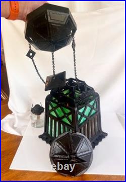 ANTIQUE-CAST IRON TUDOR HANGING OIL LAMP SLAG GLASS RETRACTABLE CANOPY Hall Ligh