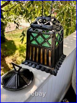 ANTIQUE-CAST IRON TUDOR HANGING OIL LAMP SLAG GLASS RETRACTABLE CANOPY Hall Ligh