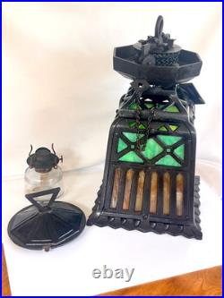 ANTIQUE-CAST IRON TUDOR HANGING OIL LAMP SLAG GLASS RETRACTABLE CANOPY Hall Ligh