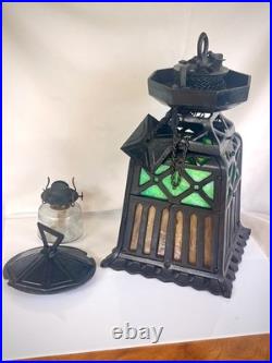 ANTIQUE-CAST IRON TUDOR HANGING OIL LAMP SLAG GLASS RETRACTABLE CANOPY Hall Ligh