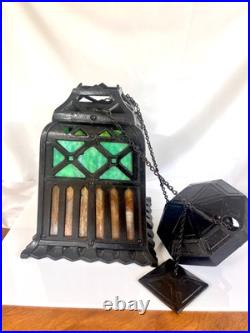 ANTIQUE-CAST IRON TUDOR HANGING OIL LAMP SLAG GLASS RETRACTABLE CANOPY Hall Ligh