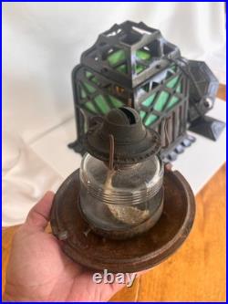 ANTIQUE-CAST IRON TUDOR HANGING OIL LAMP SLAG GLASS RETRACTABLE CANOPY Hall Ligh