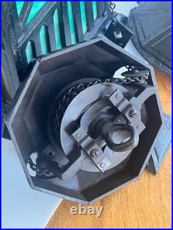 ANTIQUE-CAST IRON TUDOR HANGING OIL LAMP SLAG GLASS RETRACTABLE CANOPY Hall Ligh