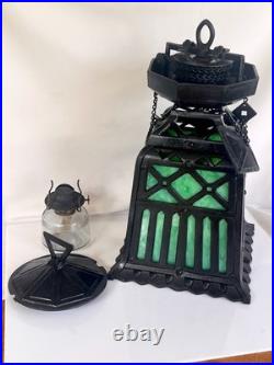 ANTIQUE-CAST IRON TUDOR HANGING OIL LAMP SLAG GLASS RETRACTABLE CANOPY Hall Ligh