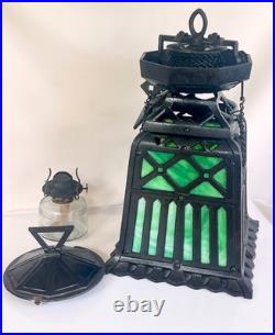 ANTIQUE-CAST IRON TUDOR HANGING OIL LAMP SLAG GLASS RETRACTABLE CANOPY Hall Ligh