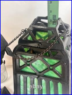 ANTIQUE-CAST IRON TUDOR HANGING OIL LAMP SLAG GLASS RETRACTABLE CANOPY Hall Ligh