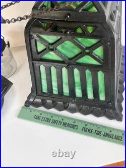 ANTIQUE-CAST IRON TUDOR HANGING OIL LAMP SLAG GLASS RETRACTABLE CANOPY Hall Ligh