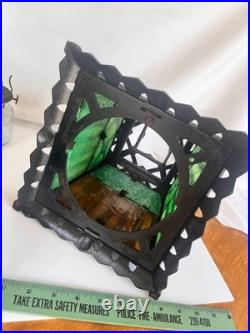 ANTIQUE-CAST IRON TUDOR HANGING OIL LAMP SLAG GLASS RETRACTABLE CANOPY Hall Ligh