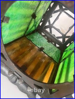 ANTIQUE-CAST IRON TUDOR HANGING OIL LAMP SLAG GLASS RETRACTABLE CANOPY Hall Ligh