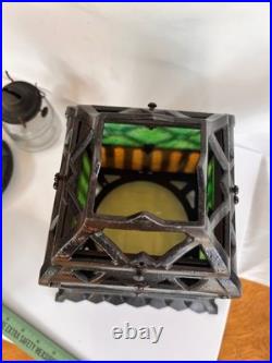 ANTIQUE-CAST IRON TUDOR HANGING OIL LAMP SLAG GLASS RETRACTABLE CANOPY Hall Ligh